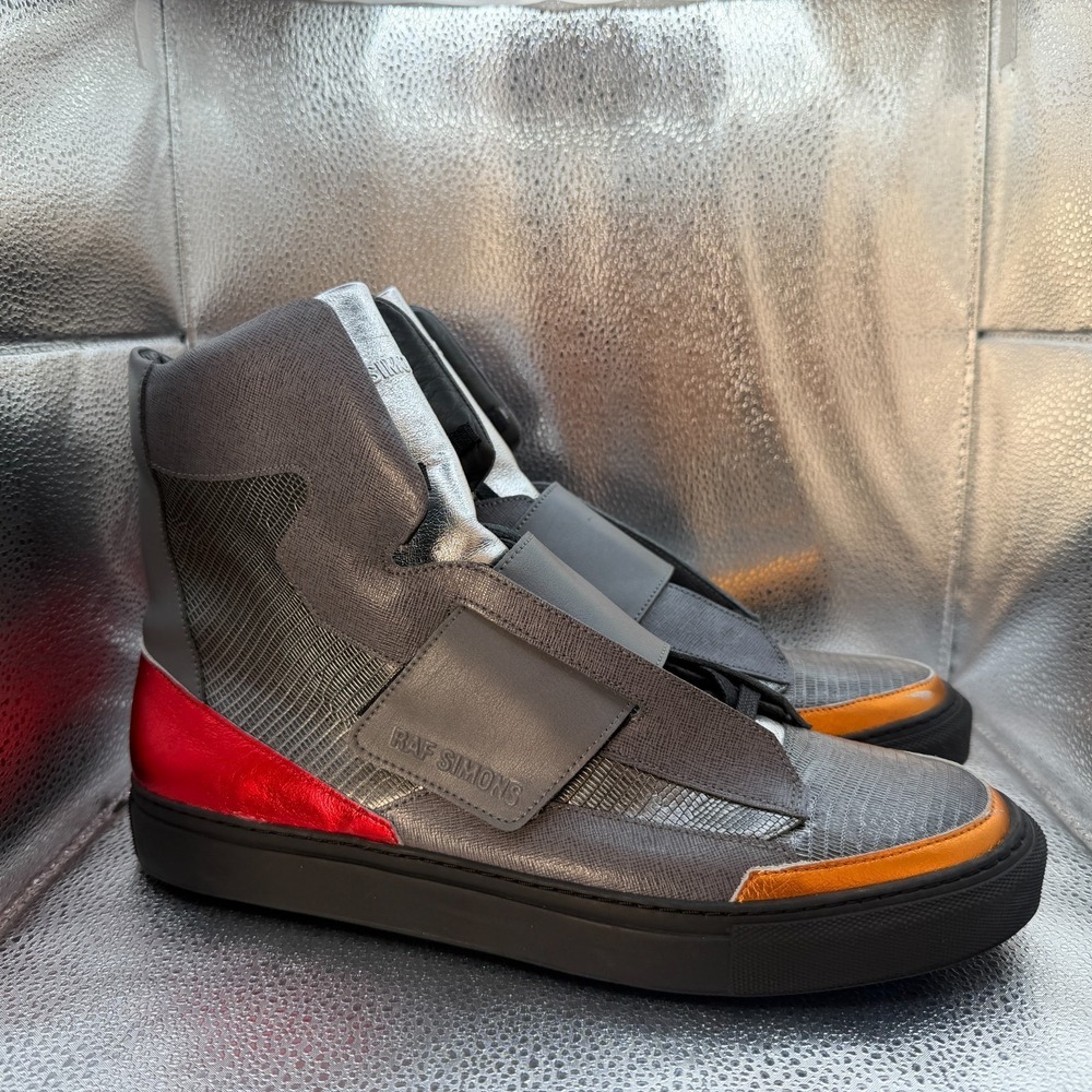 Size 11 Raf‎ Simons x Sterling Ruby Gray Mens Metallic Leather High-Top Trainers